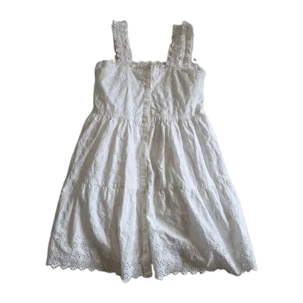 Gap x DOEN Girls Dress Size 10-11 White Eyelet Cotton Midi Tiered Cottagecore